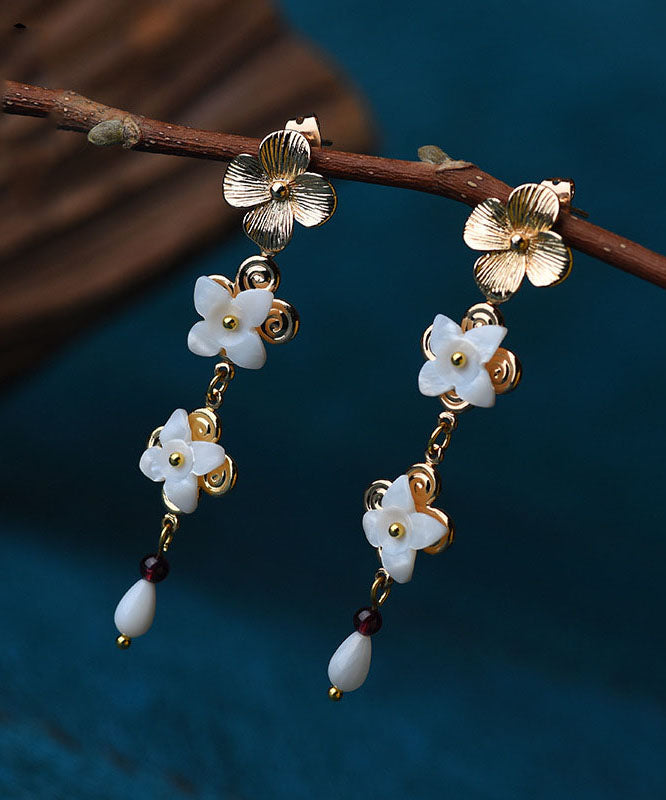 White Shell Flower 14k Gold Drop Earrings