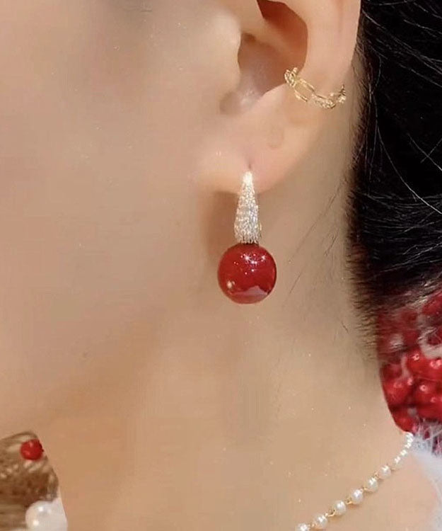 Diy Red Copper Overgild Zircon Pearl Drop Earrings