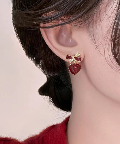 French Red Copper Alloy Zircon Bow Love Stud Earrings