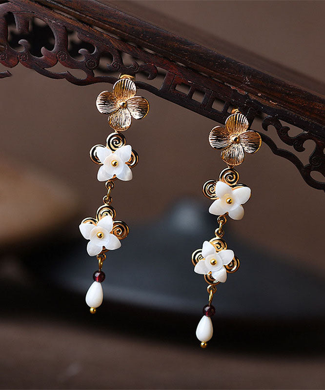 White Shell Flower 14k Gold Drop Earrings