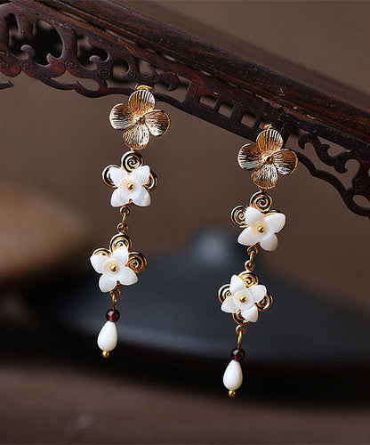 White Shell Flower 14k Gold Drop Earrings
