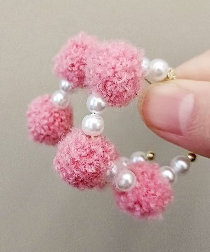 Pink Alloy Fuzzy Ball Decorated Pearl Hoop Earrings