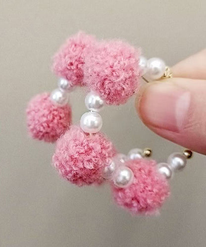 Pink Alloy Fuzzy Ball Decorated Pearl Hoop Earrings