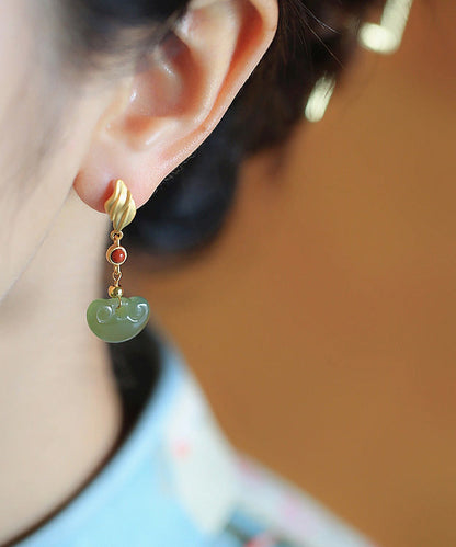 Gold Silver Inlaid Jade Agate Drop Earrings