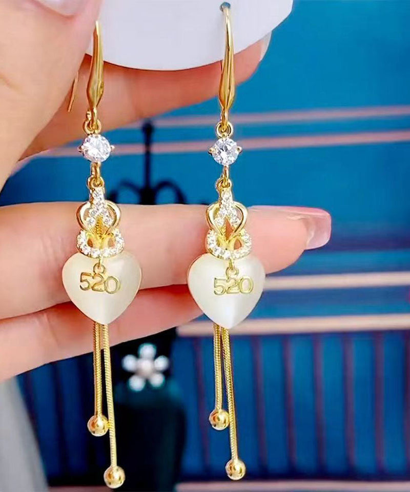 Gold Copper Overgild Inlaid Zircon 520 Love Tassel Drop Earrings