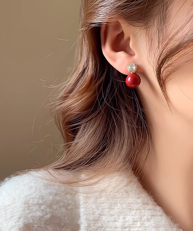 Original Red Copper Alloy Zircon Pearl Stud Earrings