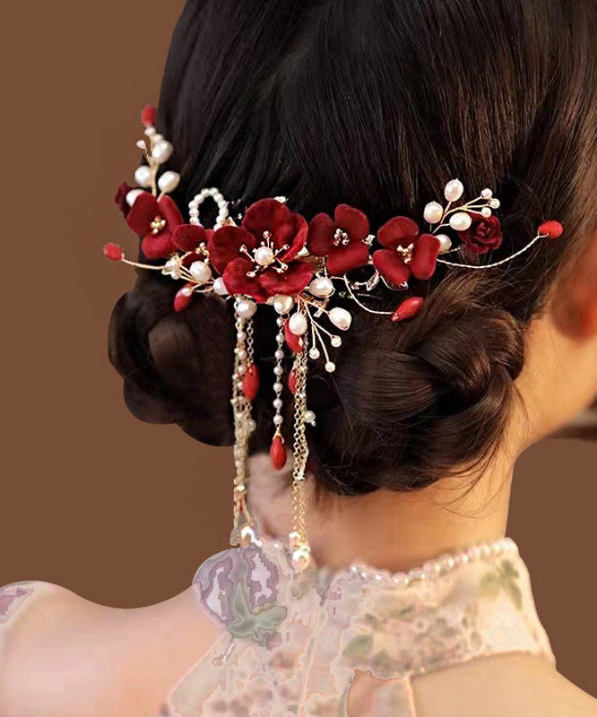 Red Sterling Silver Overgild Pearl Tassel Hairpin