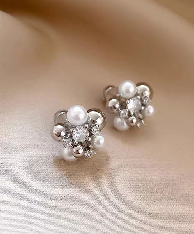 Colorblock Copper Zircon Pearl Stud Earrings
