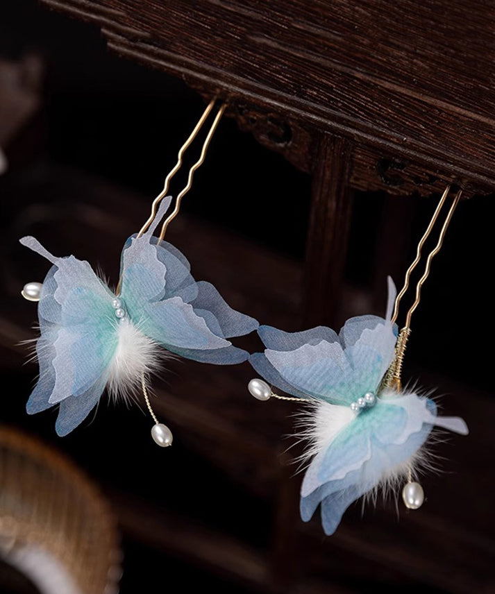 Retro Blue Copper Alloy Pearl Butterfly Fuzzy Ball a Pair Hairpin