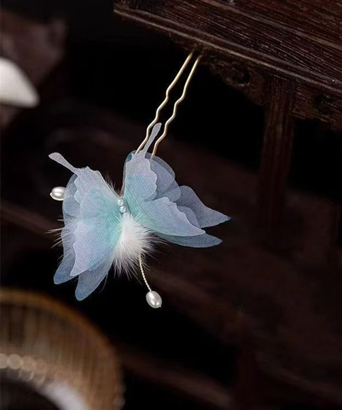 Retro Blue Copper Alloy Pearl Butterfly Fuzzy Ball a Pair Hairpin