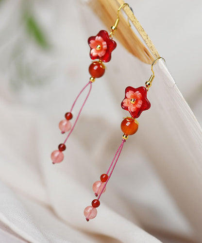 Red Flower Crystal Wedding Drop Earrings