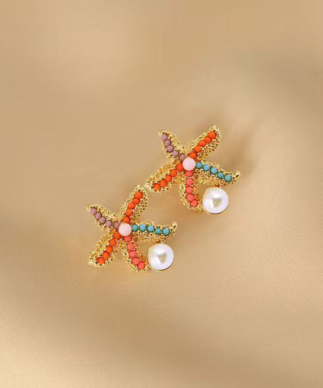 Beach Rainbow Alloy Pearl Coral Starfish Stud Earrings