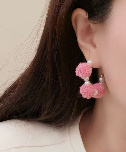 Pink Alloy Fuzzy Ball Decorated Pearl Hoop Earrings