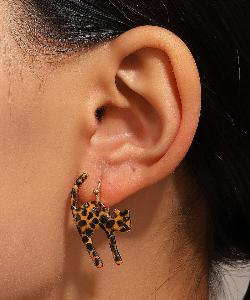 Leopard Alloy Leopard Little Cat Hoop Earrings