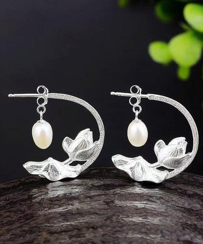 Blue Sterling Silver Cloisonne Inlaid Pearl Lotus Hoop Earrings
