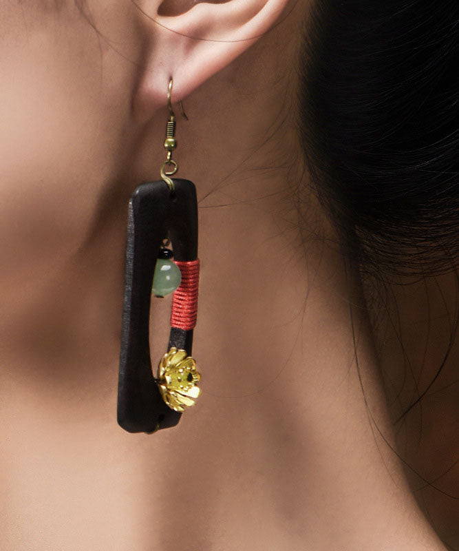 Retro Dark Brown Copper Jade Rectangular Wooden Block Drop Earrings