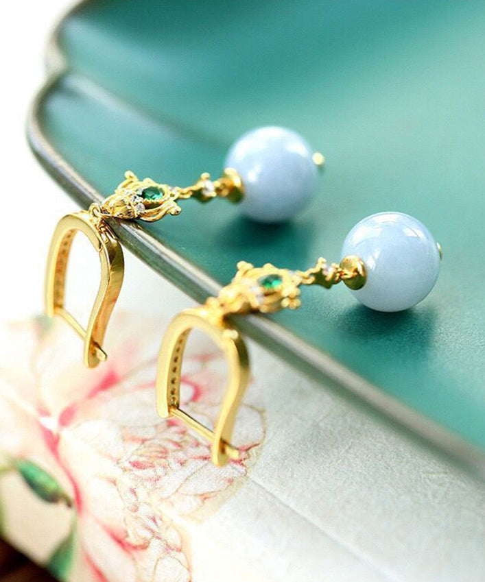 Boutique Gold Sterling Silver Overgild Inlaid Zircon Jade Crystaldrop Earrings