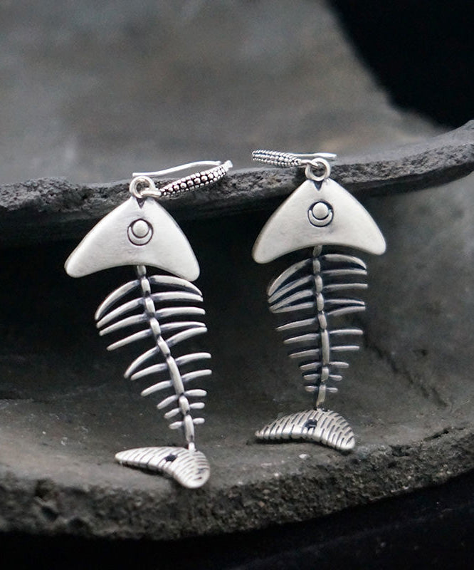 Silk Silver Fish Bone Drop Earrings