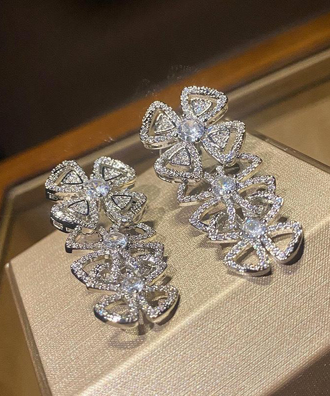White Stainless Steel Zircon Hollow Out Bow Stud Earrings