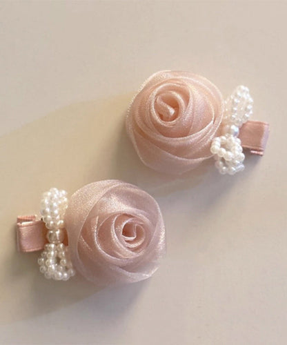 Art Pink Chiffon Pearl Rose Bow Hairpin