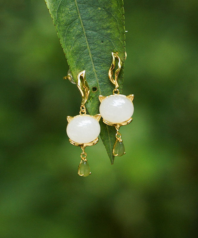 White Sterling Silver Overgild Jade Drop Earrings