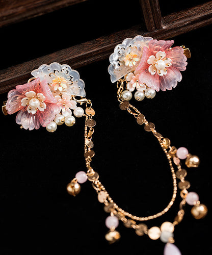 Pink Copper Alloy Pearl Resin Chain Peony Hairpin