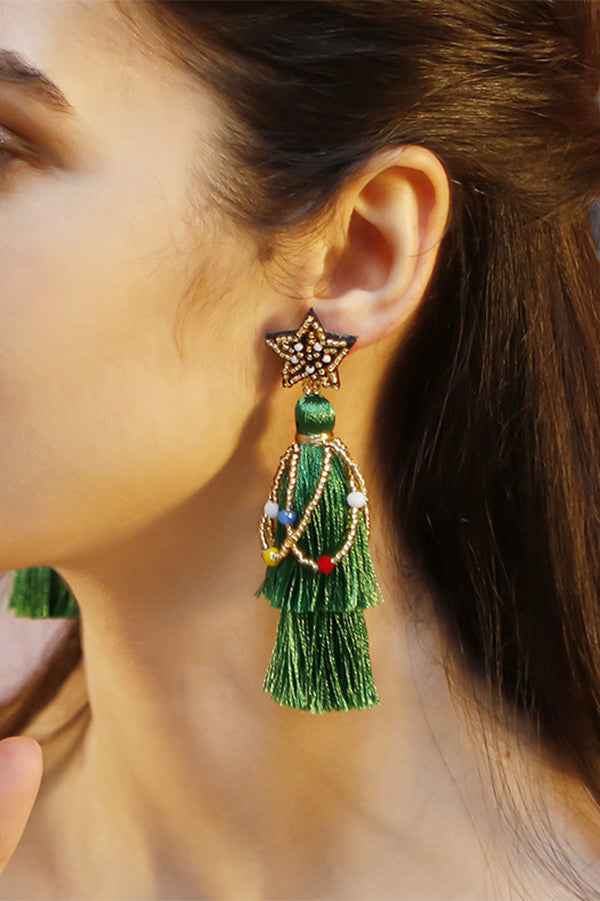 Lightweight Christmas Tree Tassel Beaded Earrings