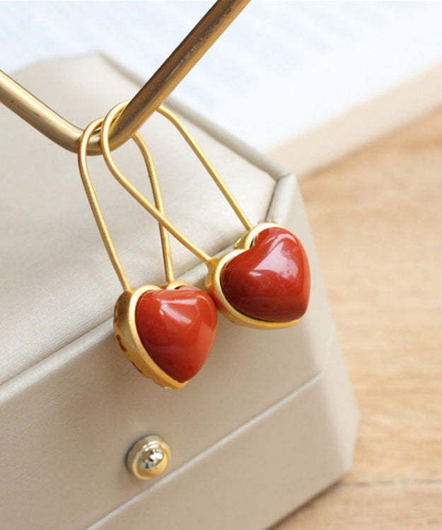 Red Overgild Inlaid Agate Love Hoop Earrings