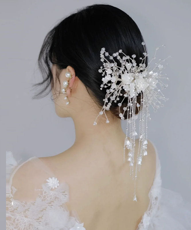 White Plastics Patchwork Silk Inlaid Tassel Hairpin