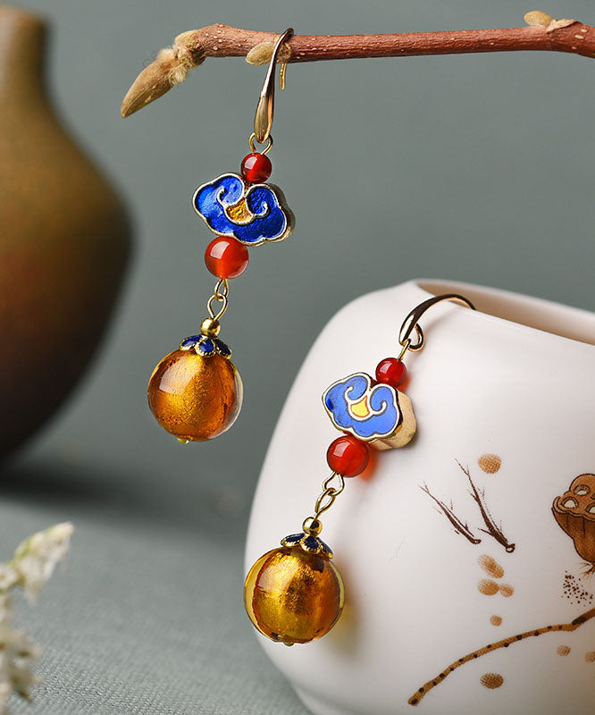 Stylish Yellow Coloured Glaze Cloisonne 14k Gold Chinese Style Drop Earrings