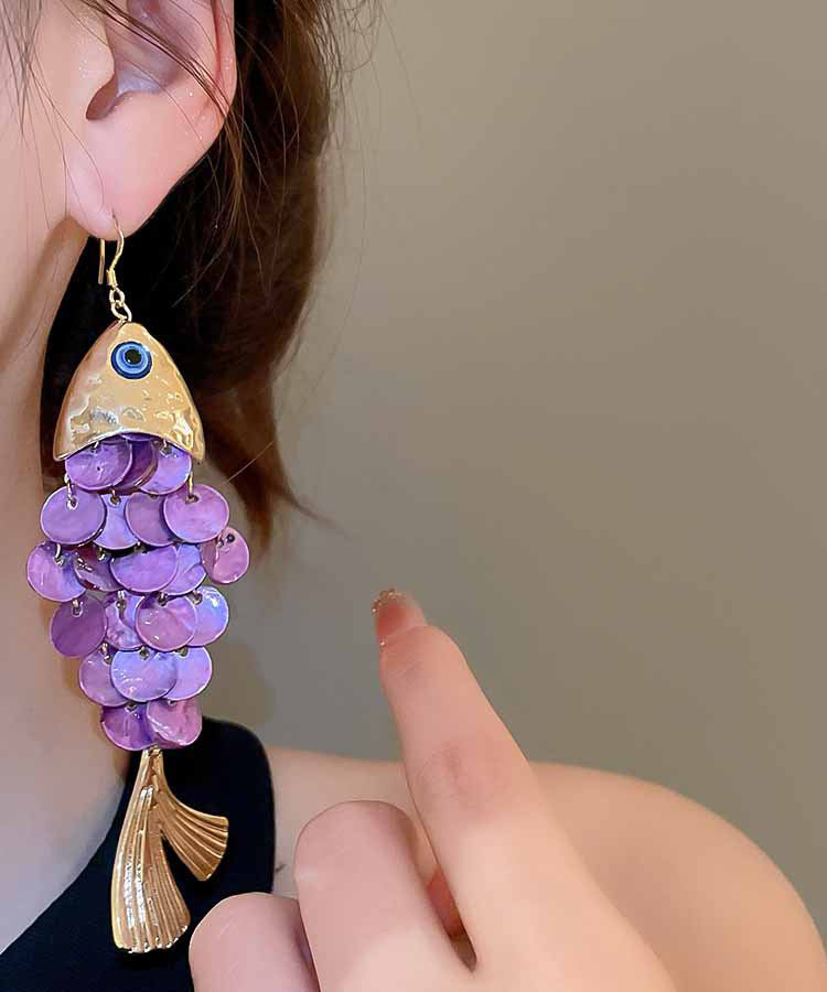 Diy Purple Alloy Shell Sequins Tassel Drop Earrings