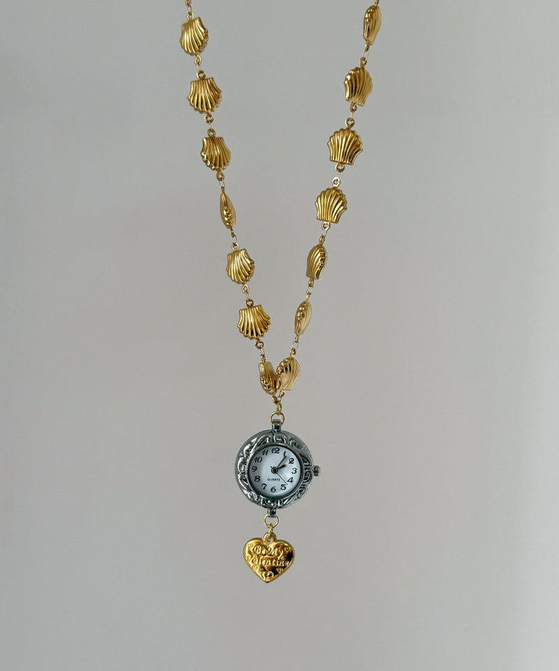 Unique Gold Stainless Steel Alloy Shell Clock Love Pendant Necklace