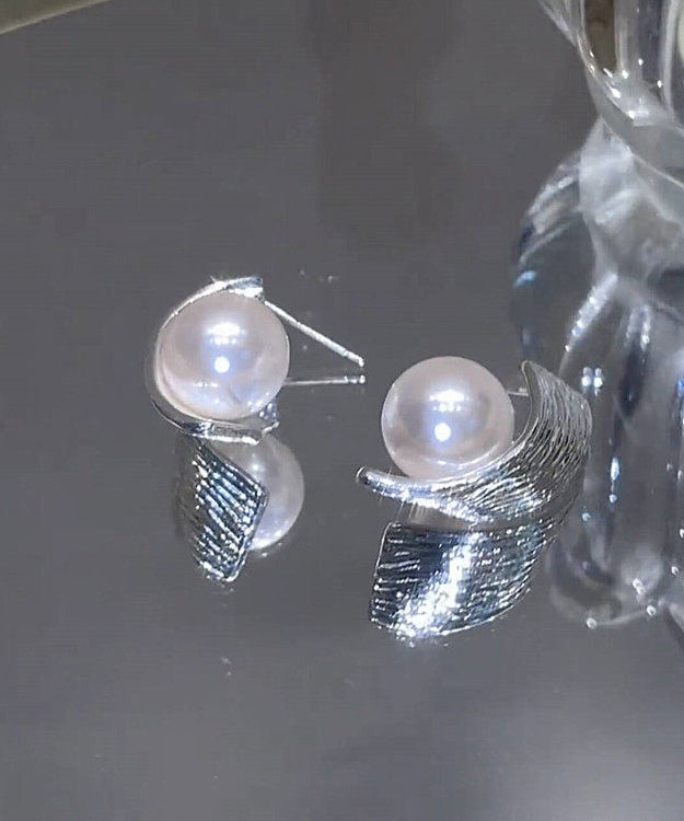 Stylish Silk Spiral Wire Drawing Pearl Silver Plated Stud Earrings