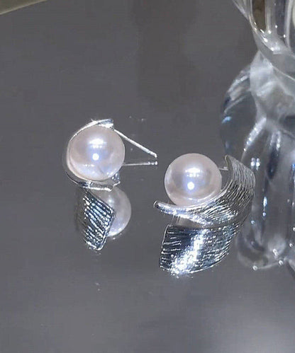 Stylish Silk Spiral Wire Drawing Pearl Silver Plated Stud Earrings