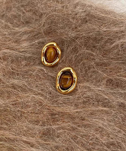Retro Brown Copper Overgild Tiger's Eye Stud Earrings