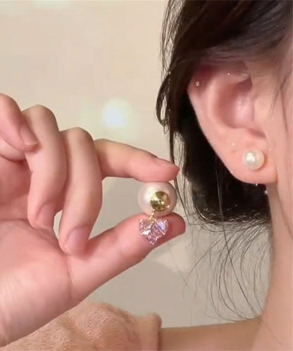 Pink Copper Alloy Zircon Love Pearl Stud Earrings