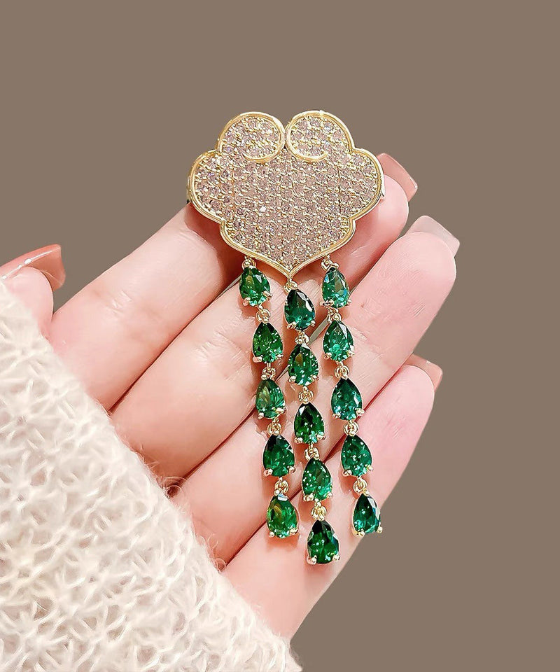Green Alloy Auspicious Clouds Crystal Tassel Brooch