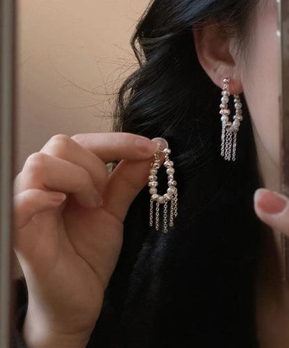White Copper Silver Plating Pearl Tassel Drop Earrings