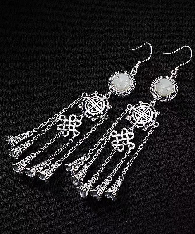Jade Patchwork Tassel Silver Drop Earrings
