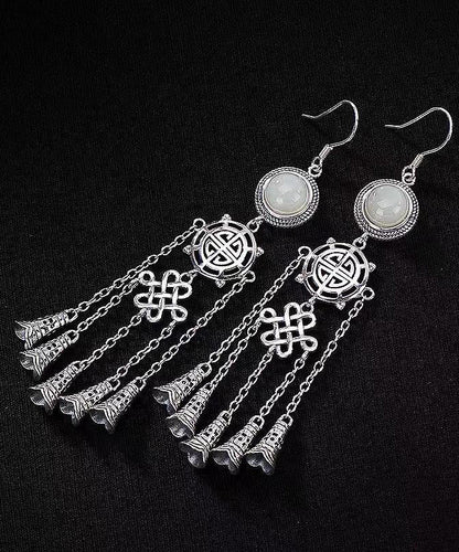 Jade Patchwork Tassel Silver Drop Earrings