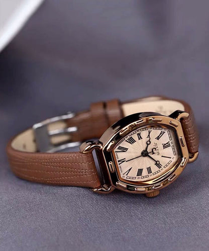 Coffee Leather Alloy Patchwork Tempered Glass Watch