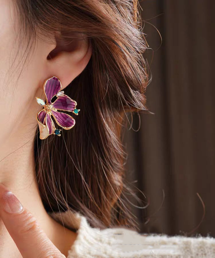 Retro Purple Sterling Silver Overgild Zircon Dripping Glaze Stud Earring
