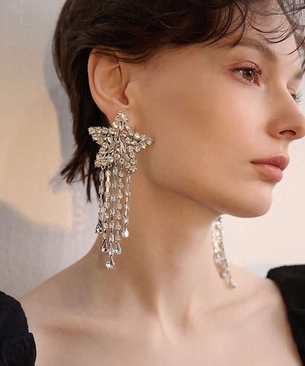 Exaggeration Silk Zircon Five Pointed Star Tassels Silver Plated Stud Earrings