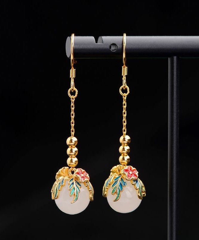 Gold Sterling Silver Jade Enamel Drop Earrings