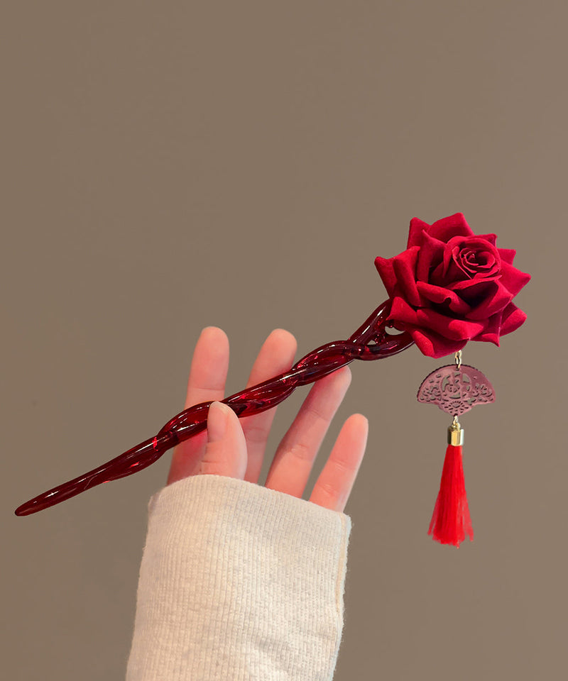 Red Rose Coloured Glaze Tassel Hairpin