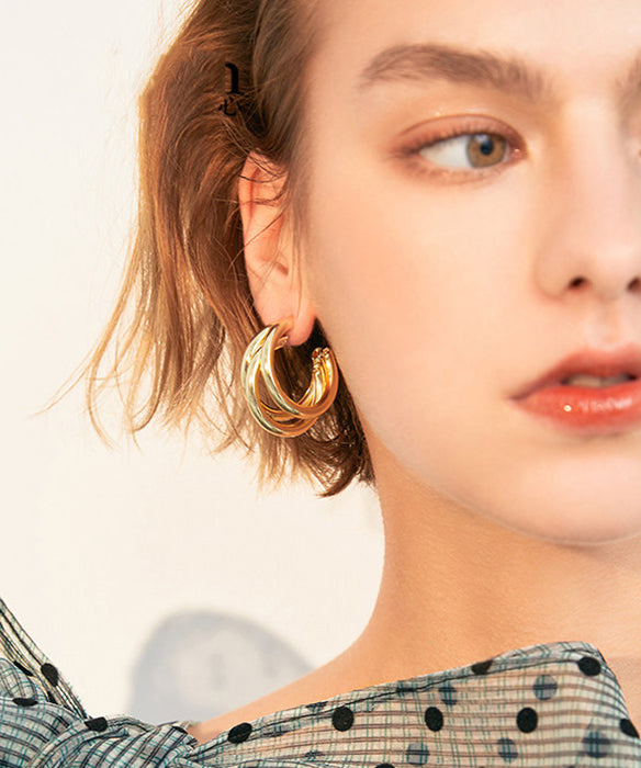 Stylish Gold C Shaped Three Laps Design Gold Plated Stud Earrings