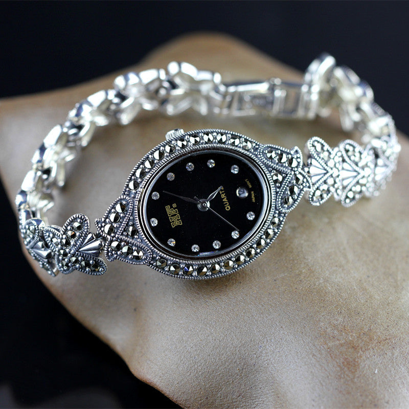 Silk Sterling Silver Inlaid Butterfly Tempered Glass Wrist Watch