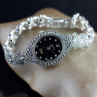 Silk Sterling Silver Inlaid Butterfly Tempered Glass Wrist Watch