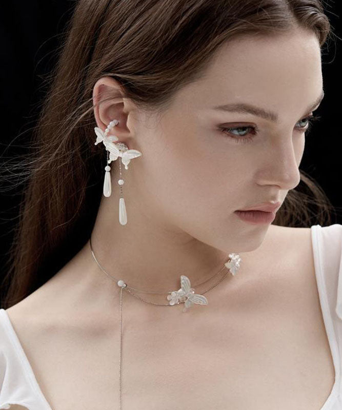 White Sterling Silver Pearl Butterfly Water Drop Drop Earrings