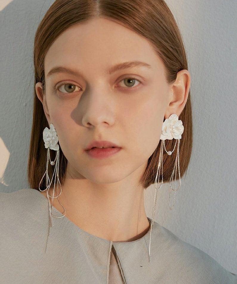 White Flower Tasseled Metal Drop Earrings